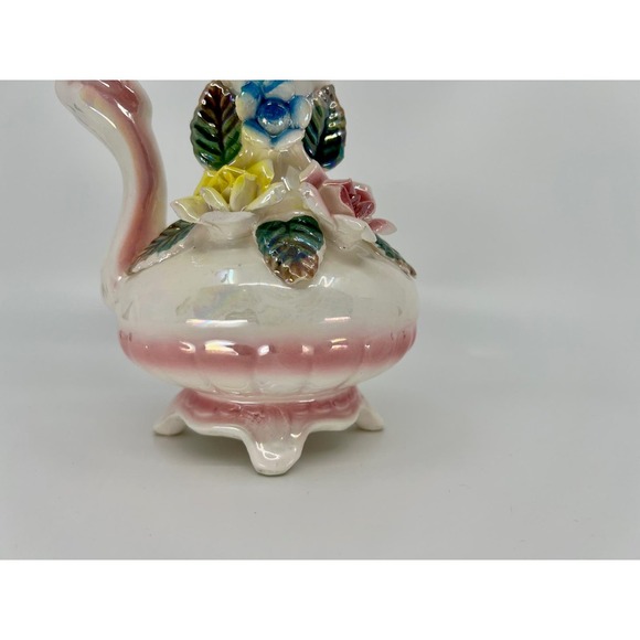 Vintage Ceramic Pitcher Vase Luster Ware Flowers Glazed Footed - Picture 10 of 12